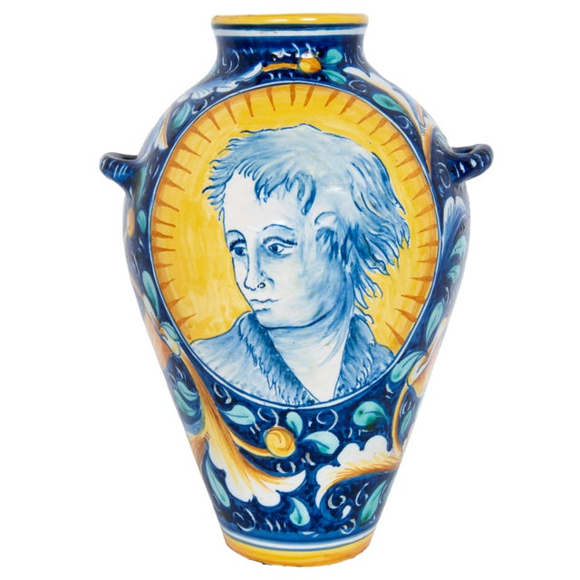 A good pair of antique early 18th century Italian majolica portrait apothecary Jars, Venice, circa 1700. The jars of...
