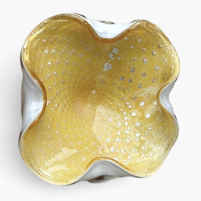1960s Vintage Murano Art Glass Bowl Aventurine— White & Gold Fleck Centerpiece For Sale - Image 5 of 8