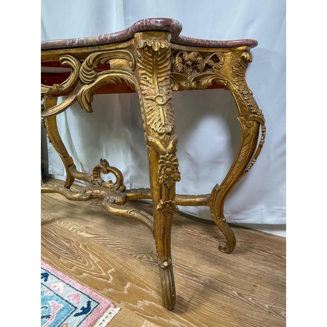 French Late 19th Century Louis XV Gilded Console With Rose Marble Top For Sale - Image 3 of 5