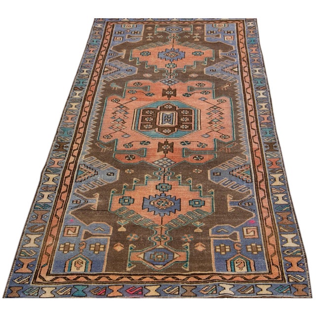 Persian 1960s Vintage Persian Distressed Handmade Geometric Brown Wool Rug For Sale - Image 3 of 7