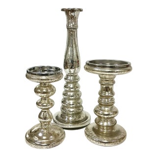 1990s Vintage Boho Chic Modern West Elm Attributed Mercury Glass Candleholders - Set of 3. For Sale