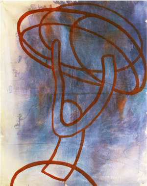 "Swing" 2010. Oil on Canvas by Joe Ginsberg. Predominantly Cerulean Blue, Violet & Cream Field With Red Highlights.