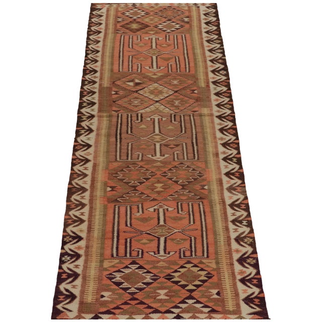 Tribal Vintage Tribal Kilim Runner in Beige-Brown, Green and Red Geometric Patterns For Sale - Image 3 of 7