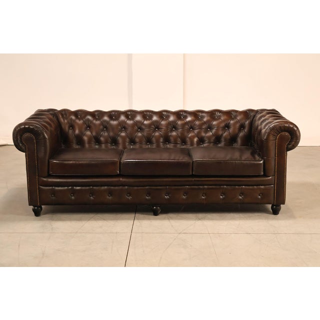 Chesterfield Style 7 Foot Espresso Brown Tufted Leather Sofa For Sale - Image 12 of 16