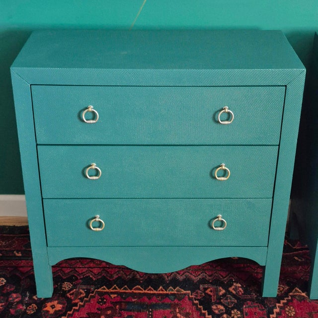 Hollywood Regency Green Painted 3-Drawer Chests Nightstands Credenza, a Pair For Sale In Washington DC - Image 6 of 12