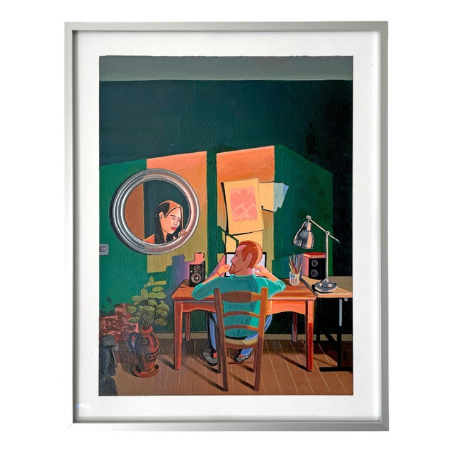 Acrylic Painting on Paper with Interior Scene and Mirror Reflection, 2021, Framed For Sale