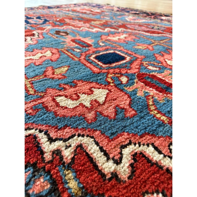 Antique Persian Serapi Carpet Handmade Wool Oriental Rug, Red, Ivory, Light Blue For Sale - Image 11 of 18