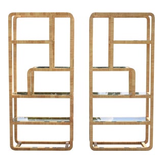 Mid-Century Asymmetrical Woven Rattan Wrapped Modernist Étagères, 1970s, Pair For Sale