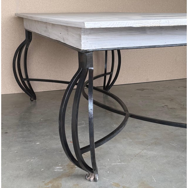 Wood Early 20th Century Dining Table with Large White Wood top and Solid Forged Iron Curved Legs For Sale - Image 7 of 18