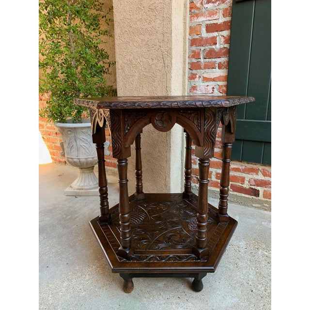 Late 19th Century Antique French Carved Oak Center Side Table Hexagon Two Tier Shelf C1890 For Sale - Image 5 of 13