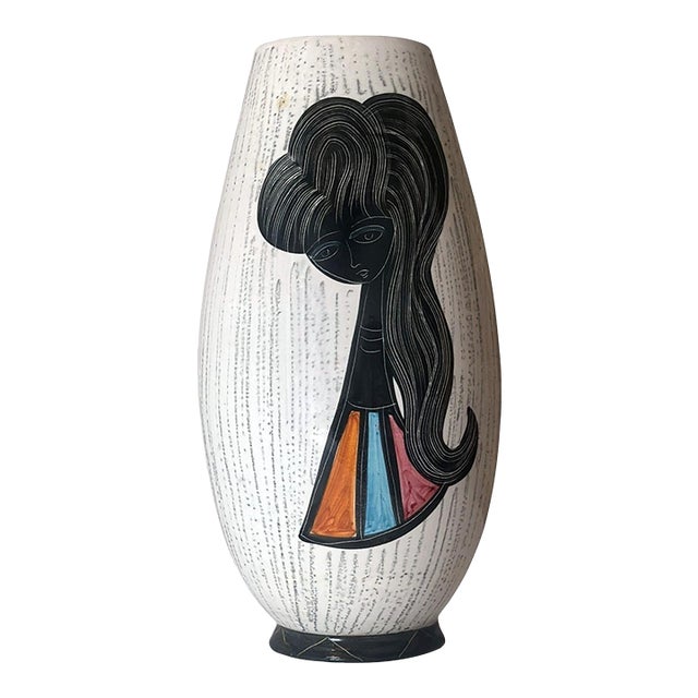 1960s Mid-Century Modern Ceramic Vase With Stylized Girl and Geometric Motifs For Sale
