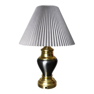 Vintage Black and Gold-Tone Urn Table Lamp With Pleated Shade For Sale