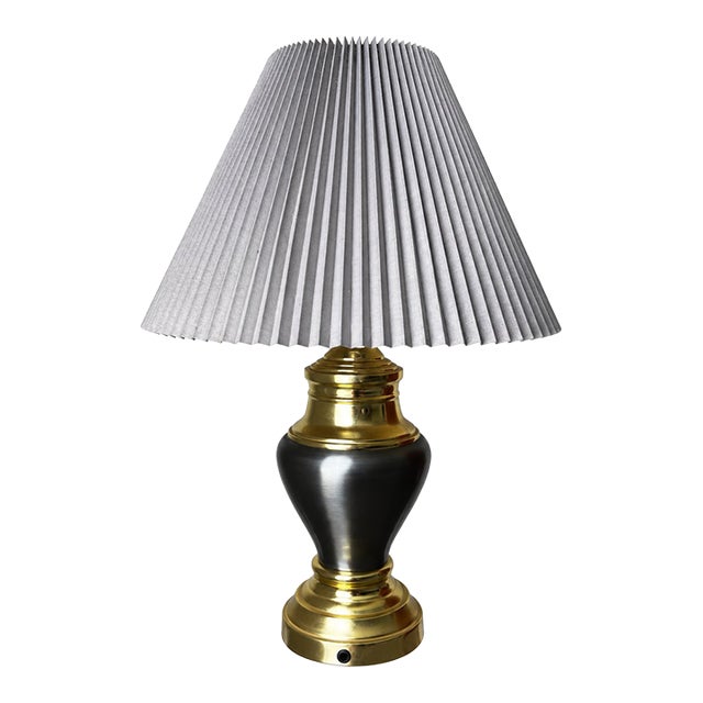 Vintage Black and Gold-Tone Urn Table Lamp With Pleated Shade For Sale