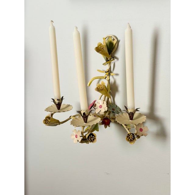 Metal Vintage Floral Three-Candle Toleware Sconce For Sale - Image 7 of 9