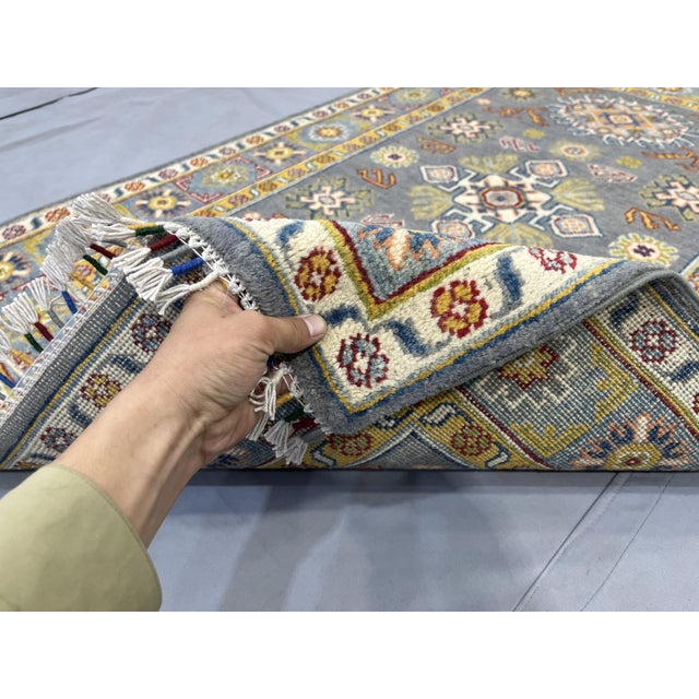 Slate Gray Slate Gray Kazak Style Rug With Floral Medallions and Blue Border, 3'3" X 4'9" For Sale - Image 8 of 13