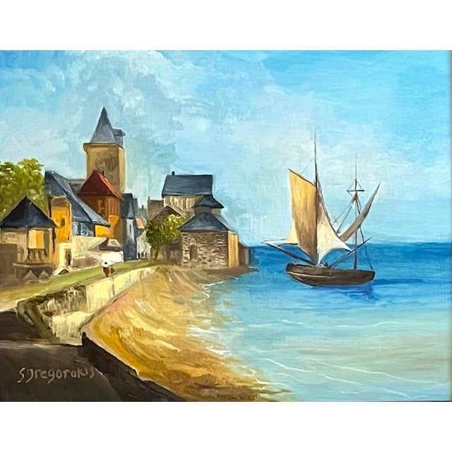 Oil painting on walnut board of an early Netherlandish genre harbor scene, cottages on the left and a calm sea with...