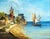 Oil painting on walnut board of an early Netherlandish genre harbor scene, cottages on the left and a calm sea with...