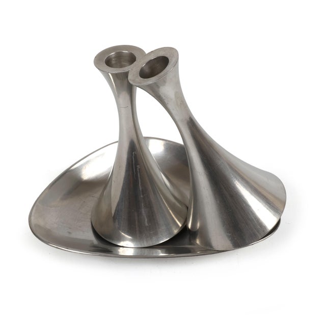 Metal Danish Modern Pewter Candle Holders and Dish Set – Arne Erkers, for Just Andersen - Set of 3 For Sale - Image 7 of 11