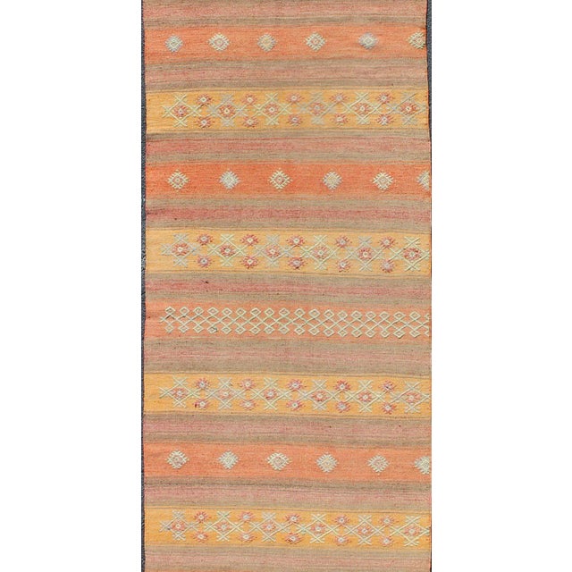 Colorful Vintage Turkish Kilim Rug With Horizontal Stripes and Geometric Shapes For Sale - Image 4 of 12
