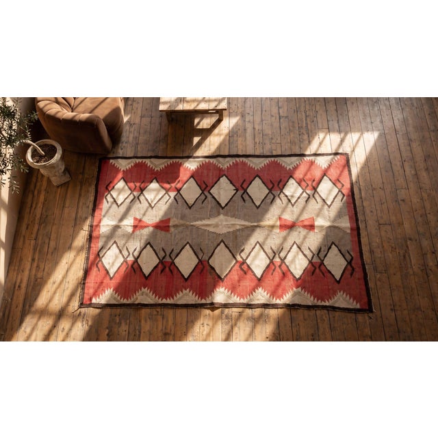 Textile 1920s Gray Tribal Kilim Geometric Antique Navajo Rug 4'2" X 5'7" Flatweave Wool Carpet For Sale - Image 7 of 9
