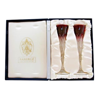 1980s Faberge Xenia Ruby Red Crystal Champagne Flutes - Set of Two With Presentation Box For Sale