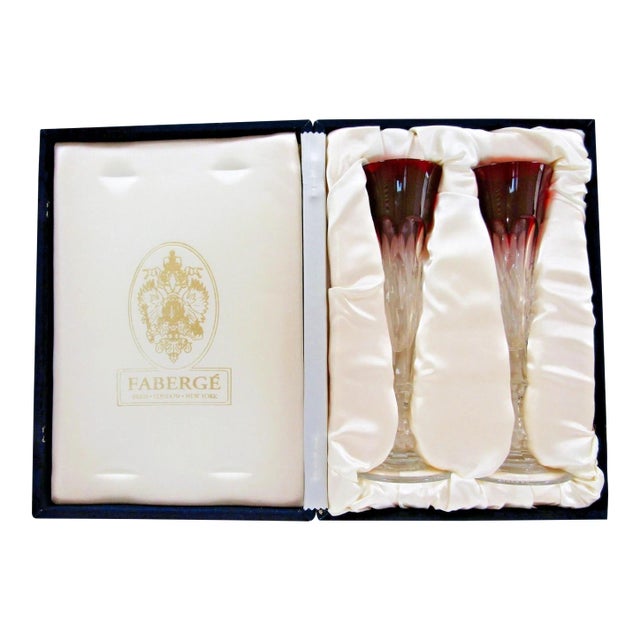 1980s Faberge Xenia Ruby Red Crystal Champagne Flutes - Set of Two With Presentation Box For Sale