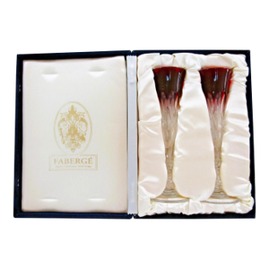 1980s Faberge Xenia Ruby Red Crystal Champagne Flutes - Set of Two With Presentation Box