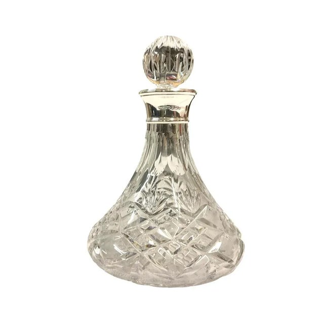 Early 20th Century Petite Cut Crystal Bell-Bottom Decanter with Sterling Silver Collar. Round Cut Crystal Stopper.
