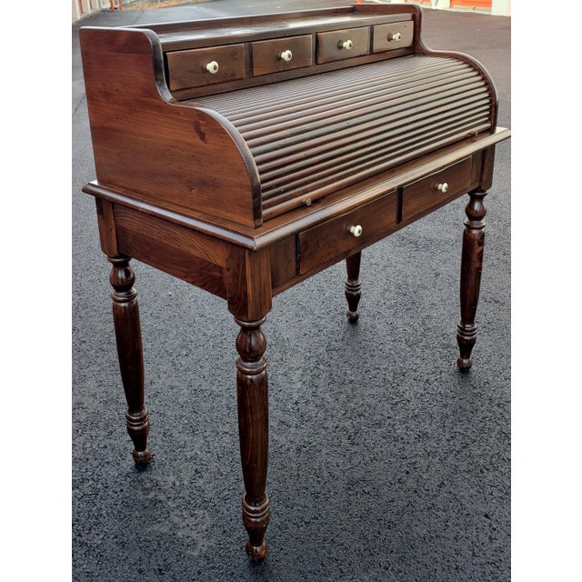 Ethan Allen Old Tavern Rolltop Pine Desk With Walnut Ladder Back and Rush Seat Chair Chairish