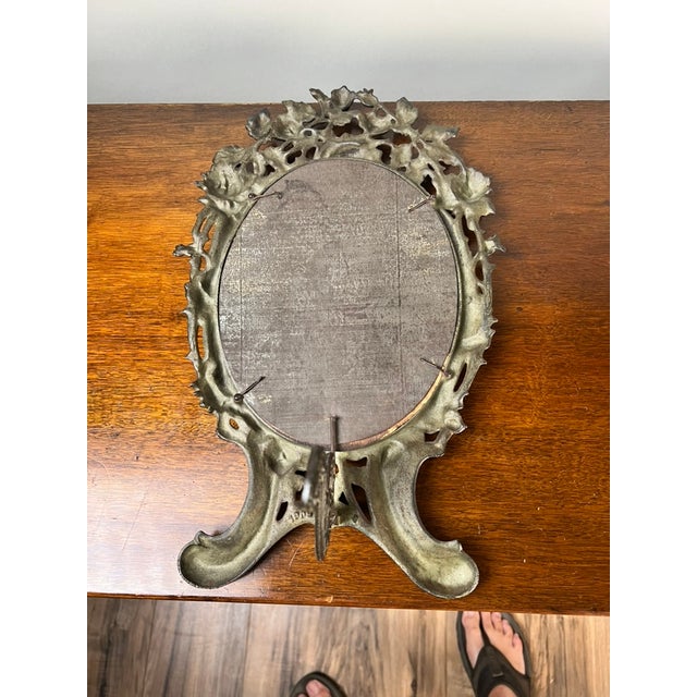 Antique Art Nouveau Silvered Cast Brass Rose Vanity Dressing Mirror, Dated 1909 For Sale - Image 10 of 10