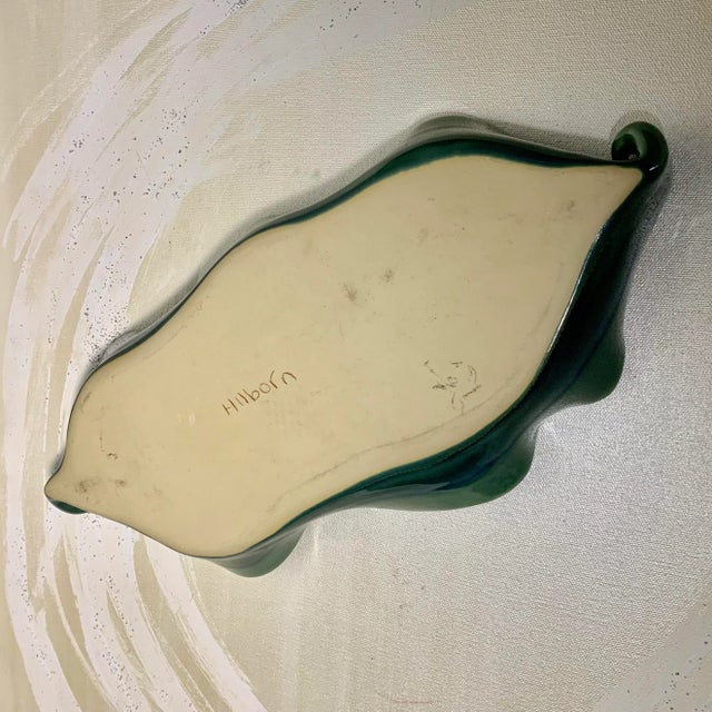Large Oval Green and Blue Studio Ceramic Platter With Swirl Handles - Signed For Sale - Image 4 of 7