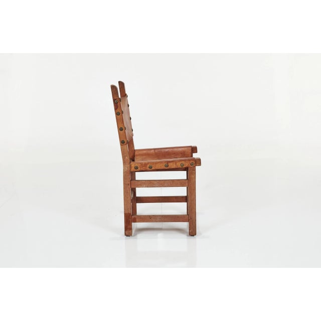 Mid-Century Modern Early 20th Century Spanish Hand-Crafted Oak & Cognac Studded Leather Dining Chairs- Set of 8 For Sale - Image 3 of 12