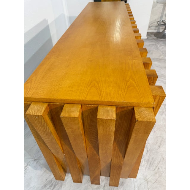 Wood Geometric Wood Credenza With Brass Base, Italy 1980s For Sale - Image 7 of 10