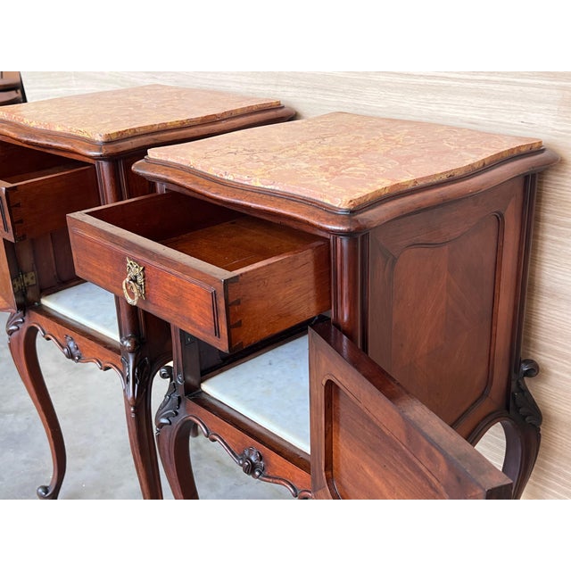 Louis XV Style Walnut Nightstands with Marble Top, 1930s, Set of 2 For Sale - Image 10 of 18