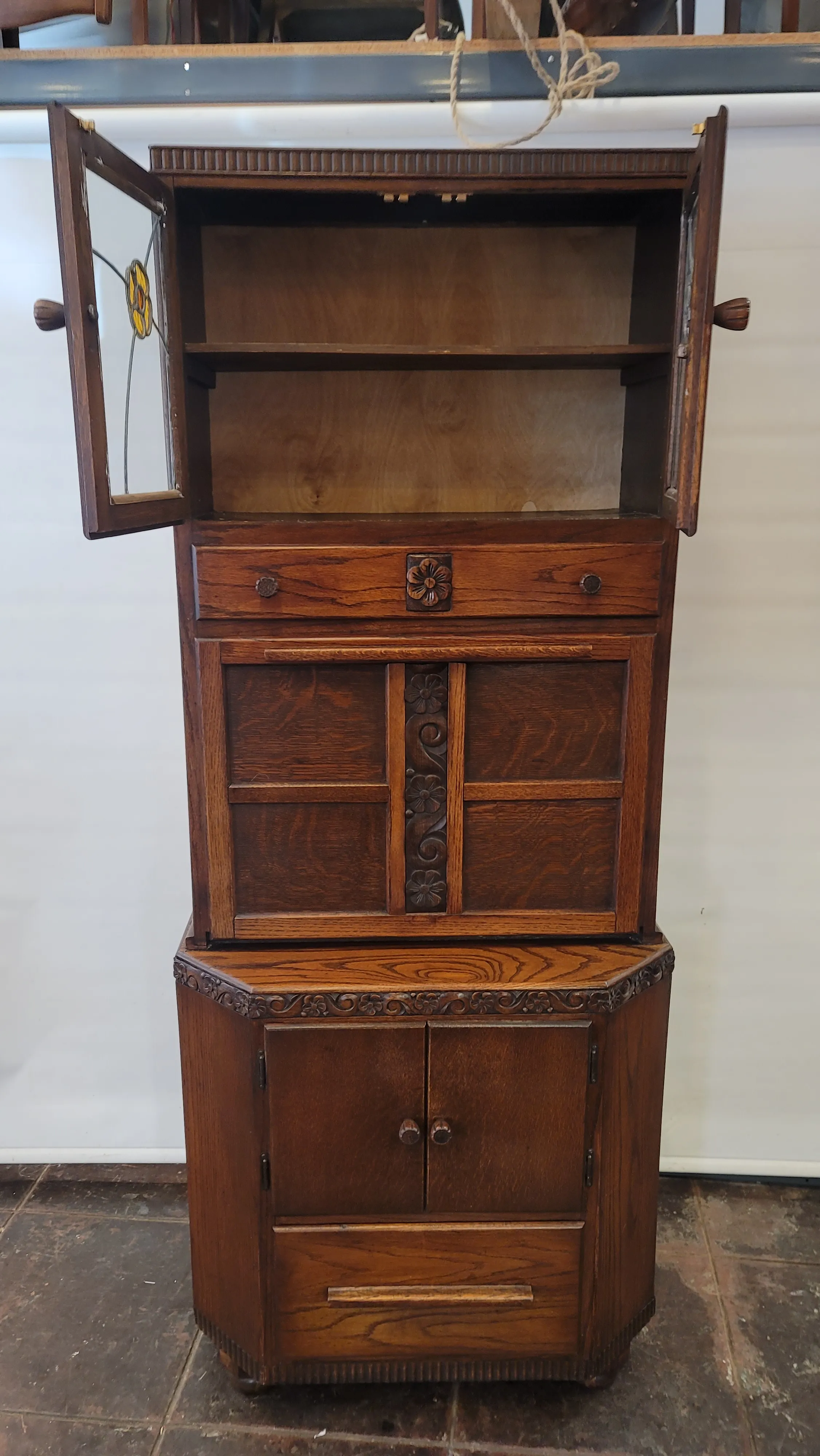 Antique Maidsaver Lusty Hoosier Kitchen Cabinet Carved Oak With