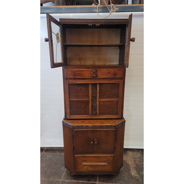 Antique Maidsaver Lusty Hoosier Kitchen Cabinet Carved Oak With Stained Glass Doors For Sale - Image 9 of 12