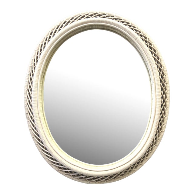 Vintage White Rattan Oval Wall Mirror For Sale