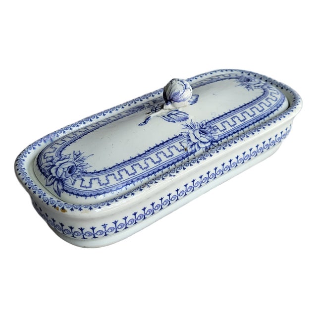 Antique F&b Thorn Blue & White Ceramic Toothbrush Box For Sale