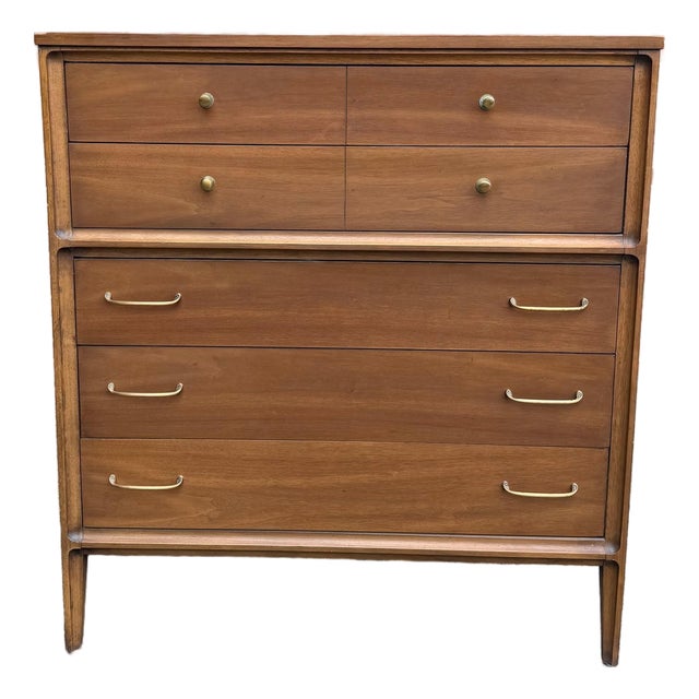 Vintage Mid Century Broyhill Forward Walnut Highboy Dresser For Sale
