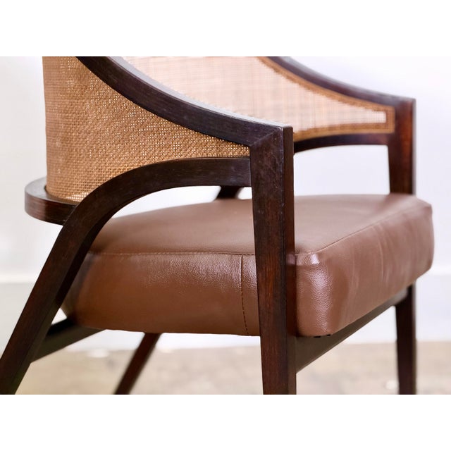 Brown Edward Wormley for Dunbar Y Back Captains Chairs - Mid Century Rosewood + Leather + Cane For Sale - Image 8 of 12