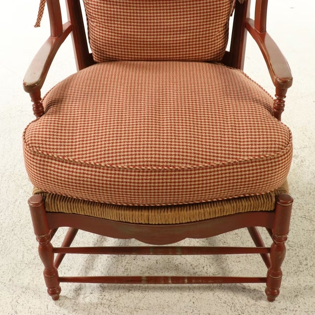 Late 20th Century Vintage French Provincial Distressed Terracotta Red Wingback Chair With Gingham Cushions For Sale - Image 5 of 12