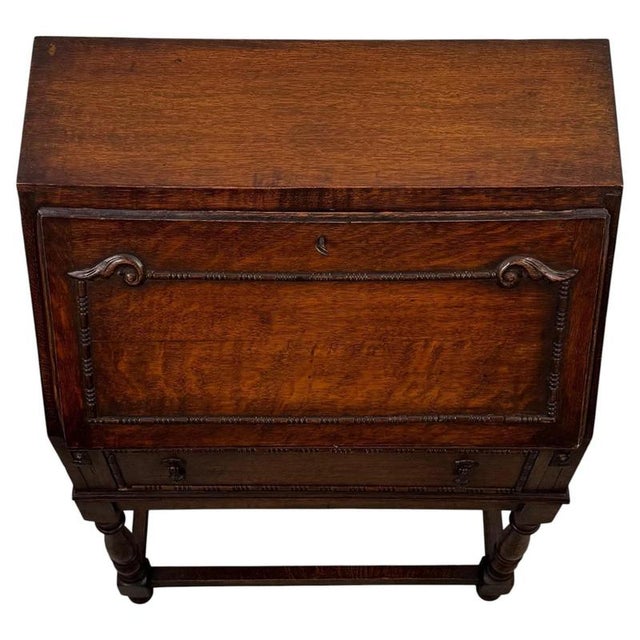 Wood Antique Early 20th Century English Jacobean Oak Bureau For Sale - Image 7 of 14