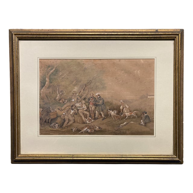 French School Artist, Luncheon After the Hunt, Watercolor and Gouache, 1800s, Framed For Sale