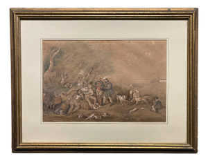 French School Artist, Luncheon After the Hunt, Watercolor and Gouache, 1800s, Framed