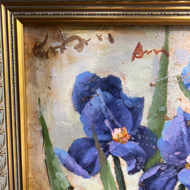 1960s European School 20th Century Oil on Canvas Impressionist Floral Still Life Blue Irises and Butterfly Framed Signed For Sale - Image 5 of 10