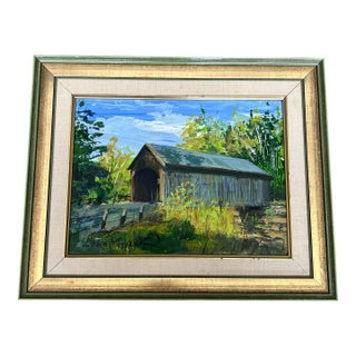 1970’s Original Barn Covered Bridge Landscape Painting For Sale