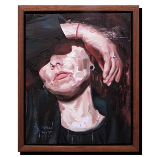 Lacking Embers by Stefan Smit | Oil on Panel Portrait of a Person with a Hat and Hand Raised For Sale