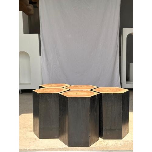 Hexagonal Stools in Two-Tone Suar, Set of 5 For Sale - Image 17 of 18