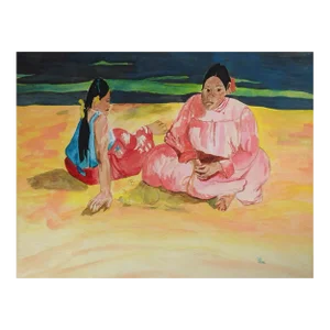After Gauguin Tahitian Women on Beach Watercolor Painting