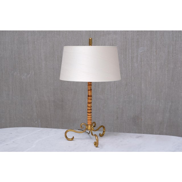 Brass and Bamboo Table Lamp with Silk Shade attributed to J. T. Kalmar, Austria, 1950s For Sale - Image 10 of 10